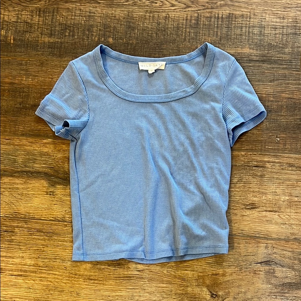 Blue Fitted Tee with Scoop Neckline and Short Sleeves